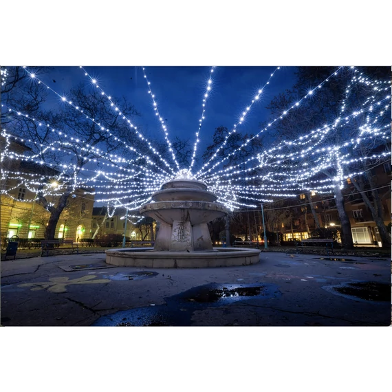 Fényfüzér 20 méteres - statikus hidegfehér 200 LED - 15W - IP66 - fehér kábel